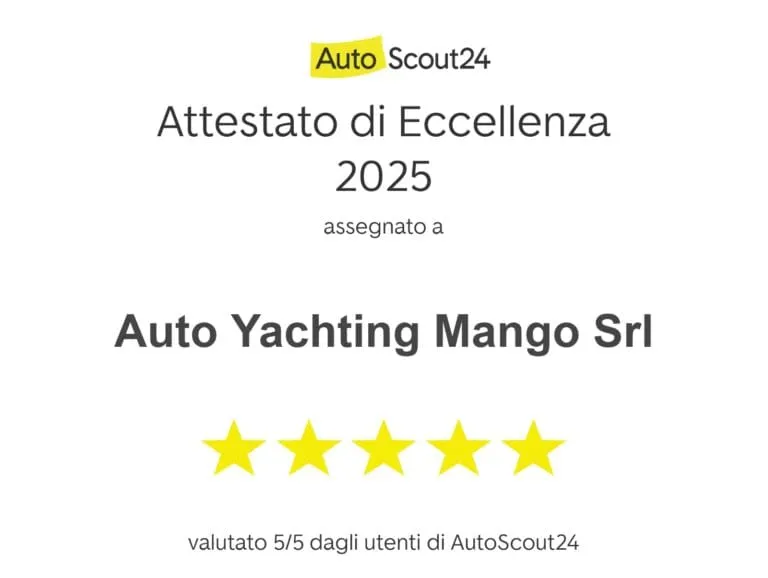 Attestato di Eccellenza 2025 AutoScout24 — Auto Yachting Mango Srl, valutato 5 su 5